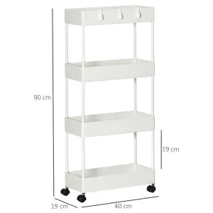 Carrello da cucina con 4 ripiani, scaffale portaoggetti con ruote e freni, versatile, bianco