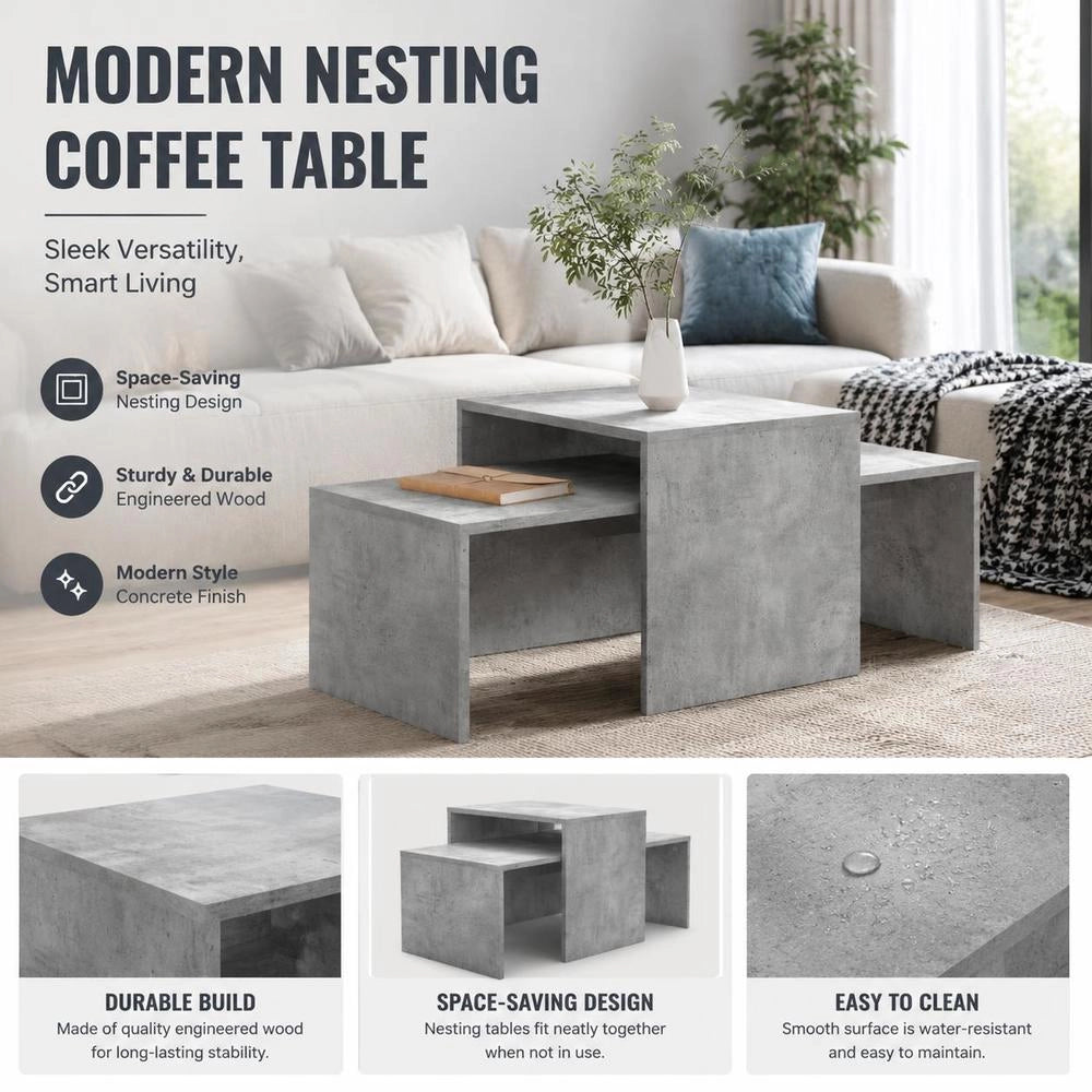 Coffee Table Set Concrete Grey 100x48x40 Cm Wood Material