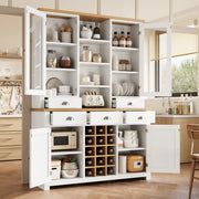 Credenza alta con anta in vetro, 5 cassetti e ripiano regolabile, per cucina e soggiorno, in MDF e vetro, bianco