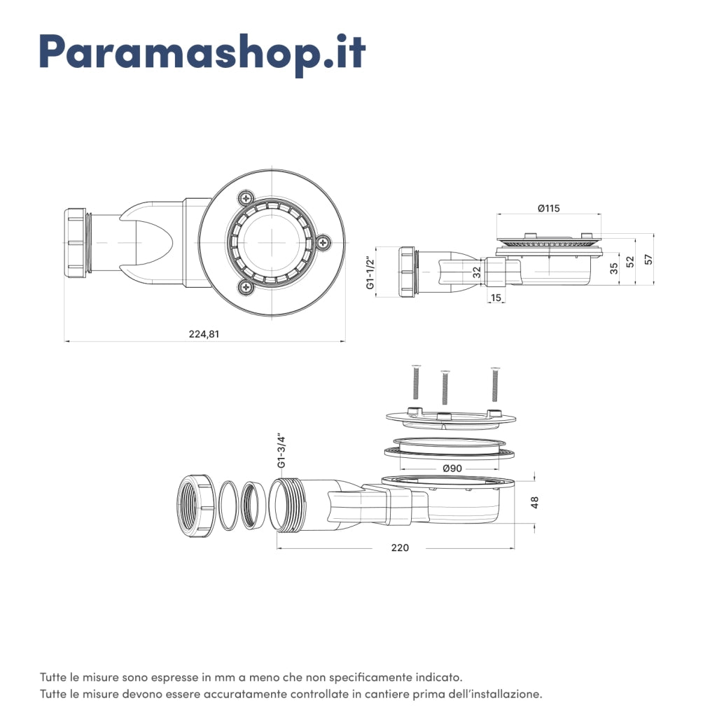 Piletta di scarico universale ribassata per piatto doccia diametro 90mm