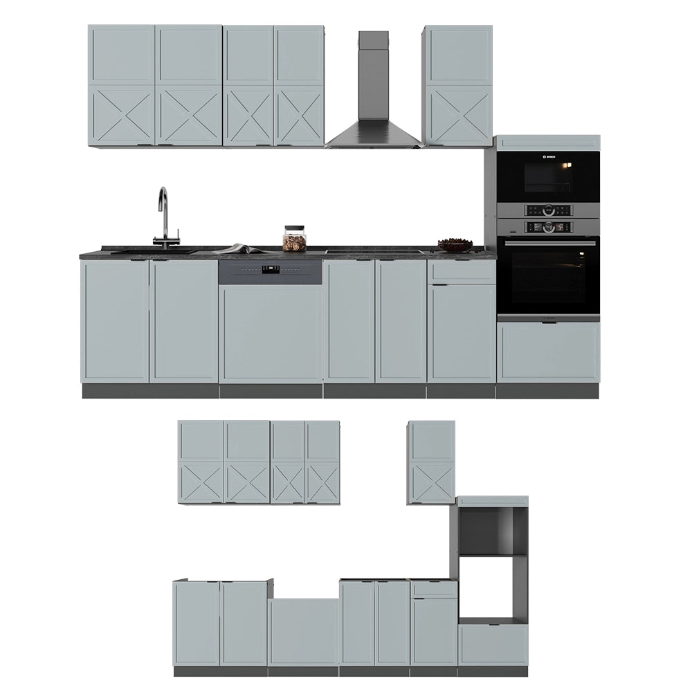Cucina componibile Fame-Line Blu-grigio chiaro/Antracite 300 cm con armadio alto, senza piano di lavoro Vicco