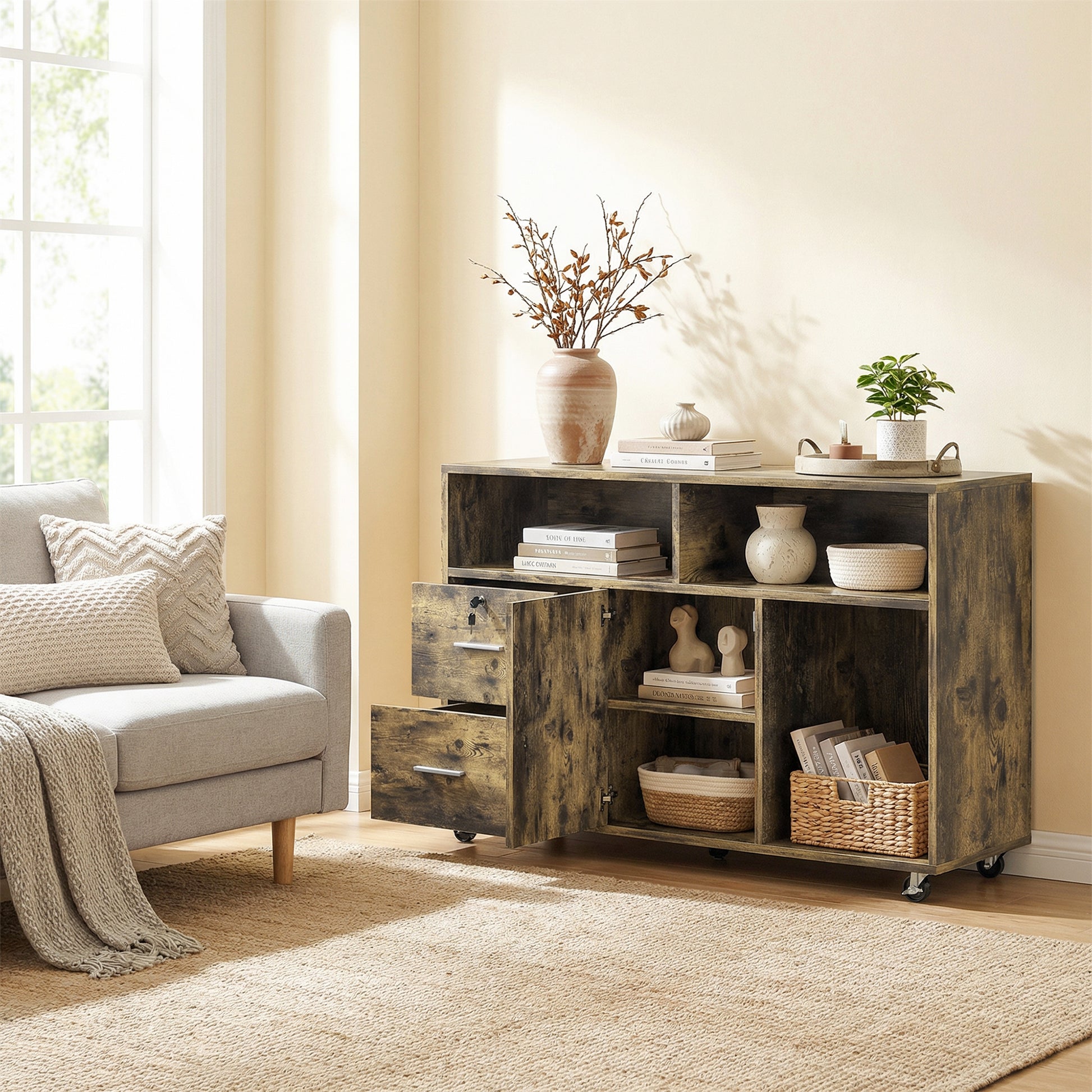 Mobile Porta Stampante 100x35x65 cm a Rotelle con 2 Cassetti 3 Ripiani e 2 Armadietti in Legno Marrone