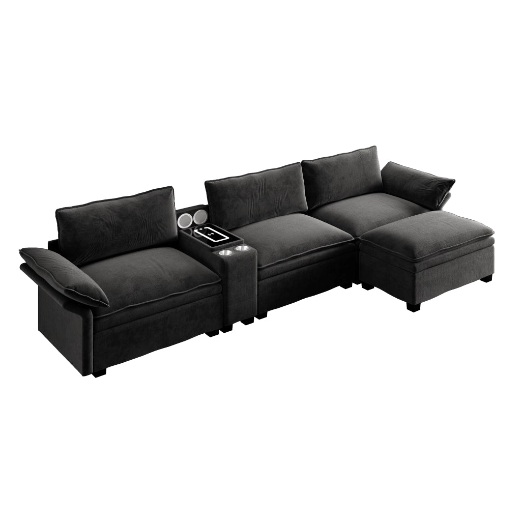 Divano modulare 4 posti con ricarica wireless, luce, altoparlanti e contenitore, Chenille Nero