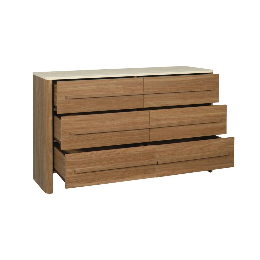 Cassettiera decorativa in legno ed effetto travertino 6 cassetti, noce