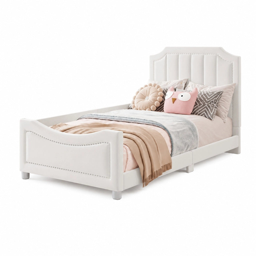 Letto imbottito per bambini 211x94;5x41;5 cm in flanella beige con rete a doghe