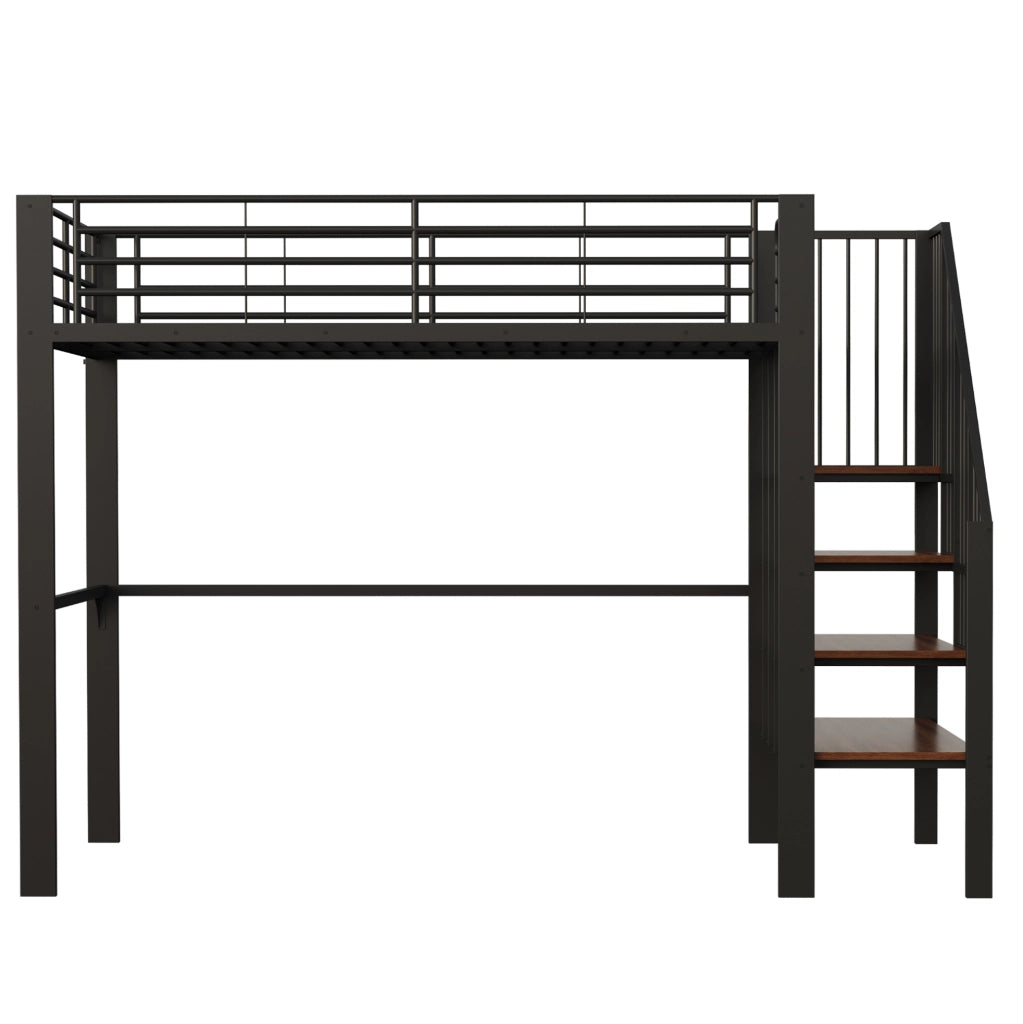 Letto a soppalco 140x200 cm in metallo e legno con scala integrata; nero