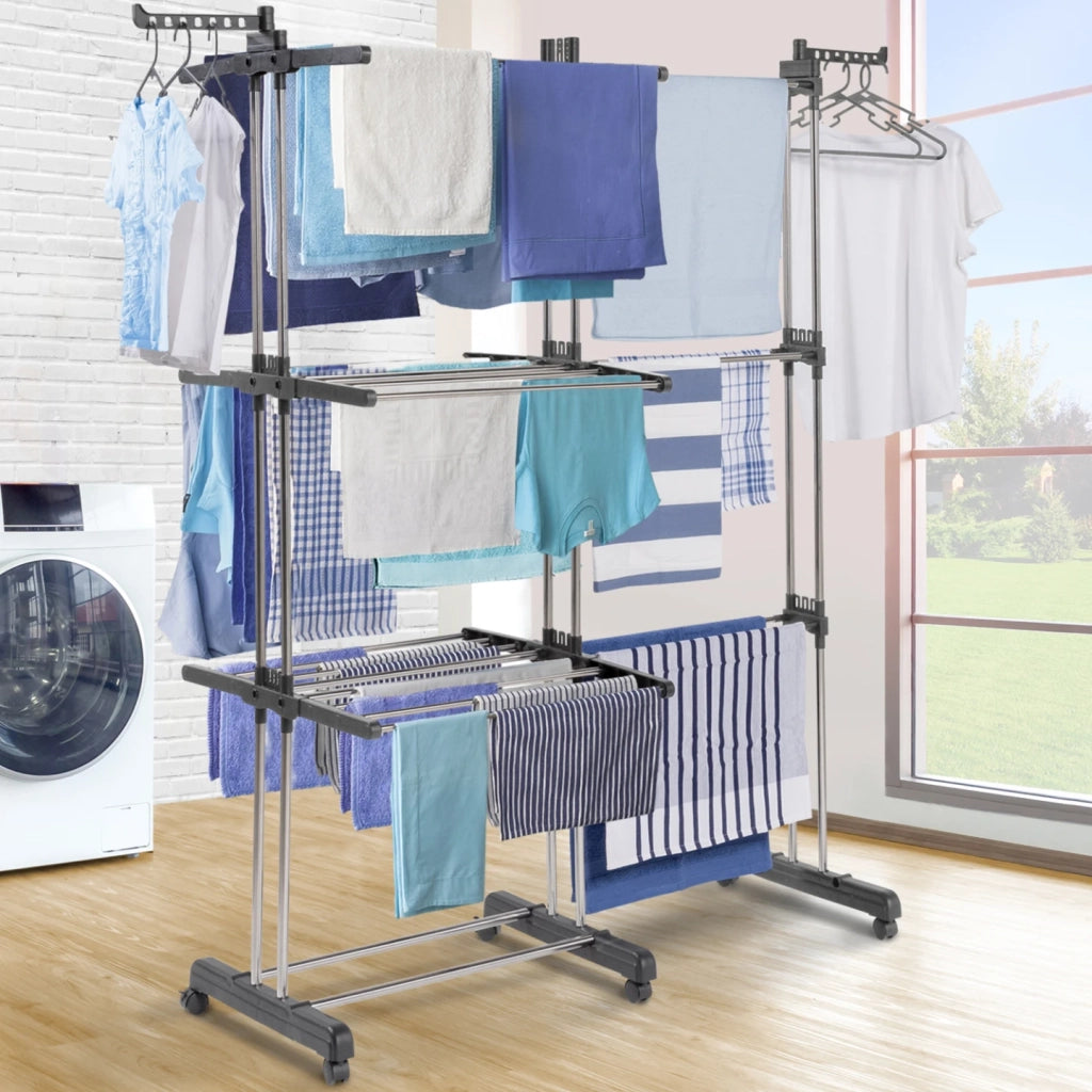 IDMarket - Asciugabiancheria verticale a 3 stadi pieghevole ed estensibile GIGA 27M con appendini e mollette in acciaio inox e grigio
