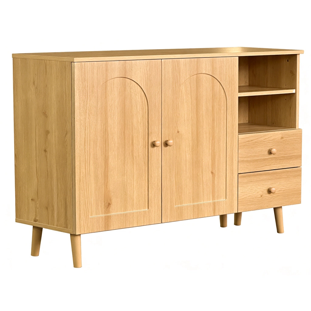 Credenza con 2 ante curve; 2 cassetti e vani aperti in MDF e truciolare; naturale