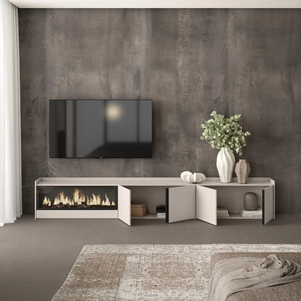 Mobile TV Soggiorno, 315x50x35 cm, Per TV fino a 80", Camino elettrico XXL, Beige