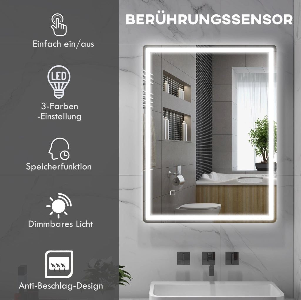 Specchio bagno LED ULEVR 60x80 cm con funzione antiappannamento e comando touch, vetro argento