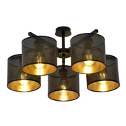 Plafoniera Industrial 5 Luci Cigno In Acciaio Nero E Paralumi A Cilindro Oro