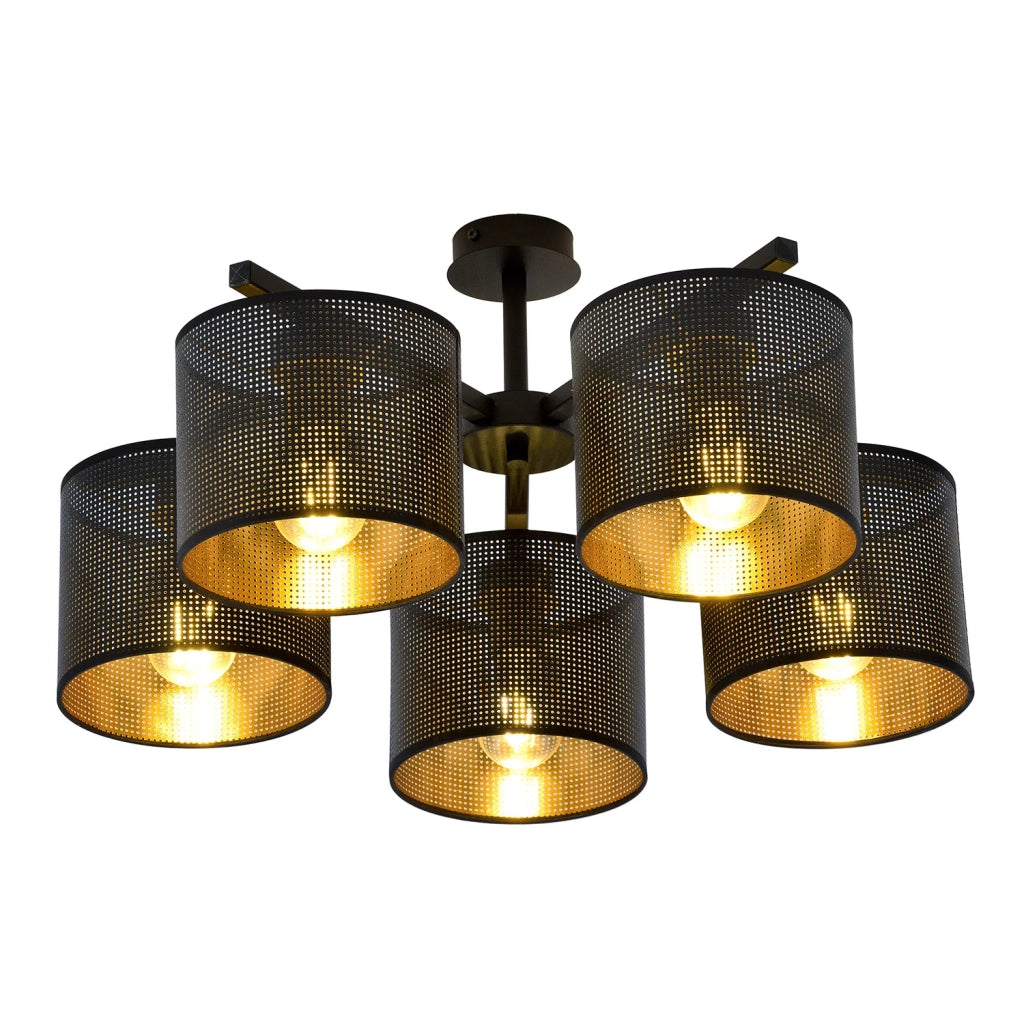 Plafoniera Industrial 5 Luci Cigno In Acciaio Nero E Paralumi A Cilindro Oro