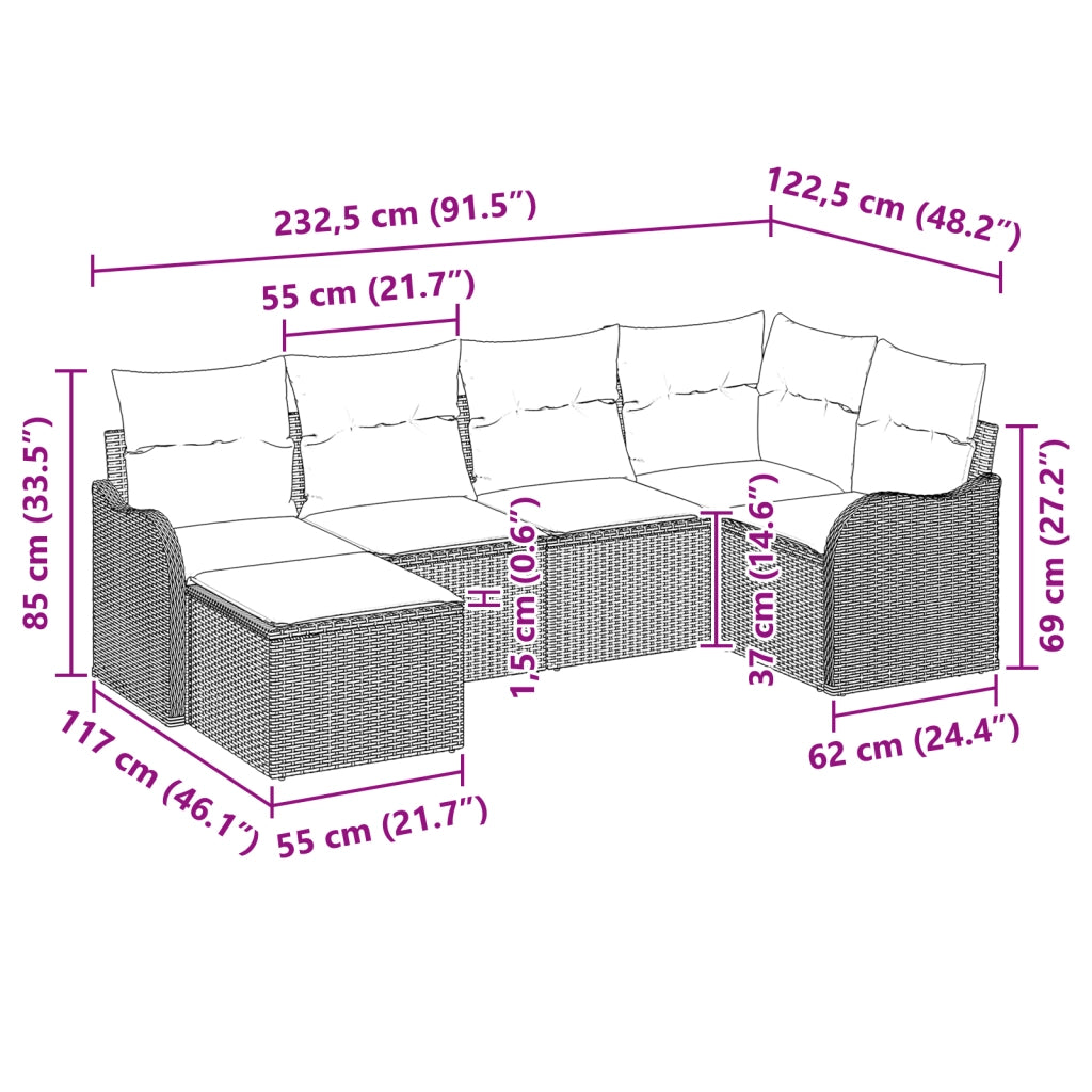 Set Divano da Giardino 6 Pezzi con Cuscini Grigio Polyrattan