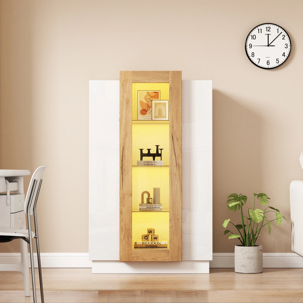 Vetrina; Libreria con 3 Ante; 1 Cassetto e LED; Controllo tramite App; Stile Moderno; in Pannelli di Particelle; Bianco e Legno; 74??40??120 cm