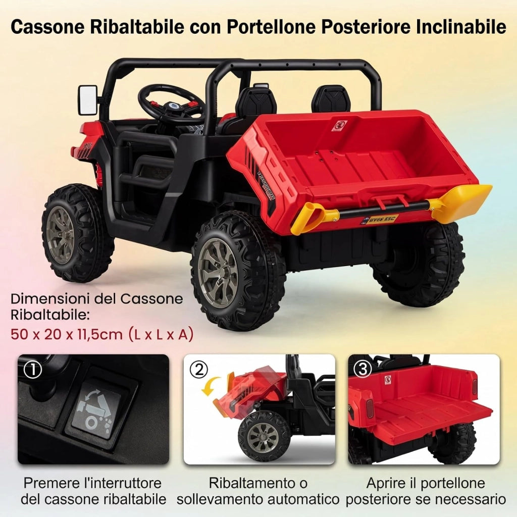 12V Auto Elettrico per Bambini, Trattore Elettrico con Scatola di Scarico, Macchina Elettrica con Pala Telecomando e Musica, Regalo per Bambini 3-8 Anni, 3-8 km/h (Rosso)