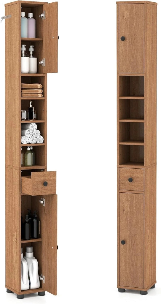 Colonna Bagno Alta, Ripiano in Vetro Temperato, Luce a 3 Colori, Piccolo Mobile di Stoccaggio Bagno, 2 Ante, 1 Cassetto, per Soggiorno, Ufficio, 20 x 20 x 181 cm(4Ripiano-2, Bianco)