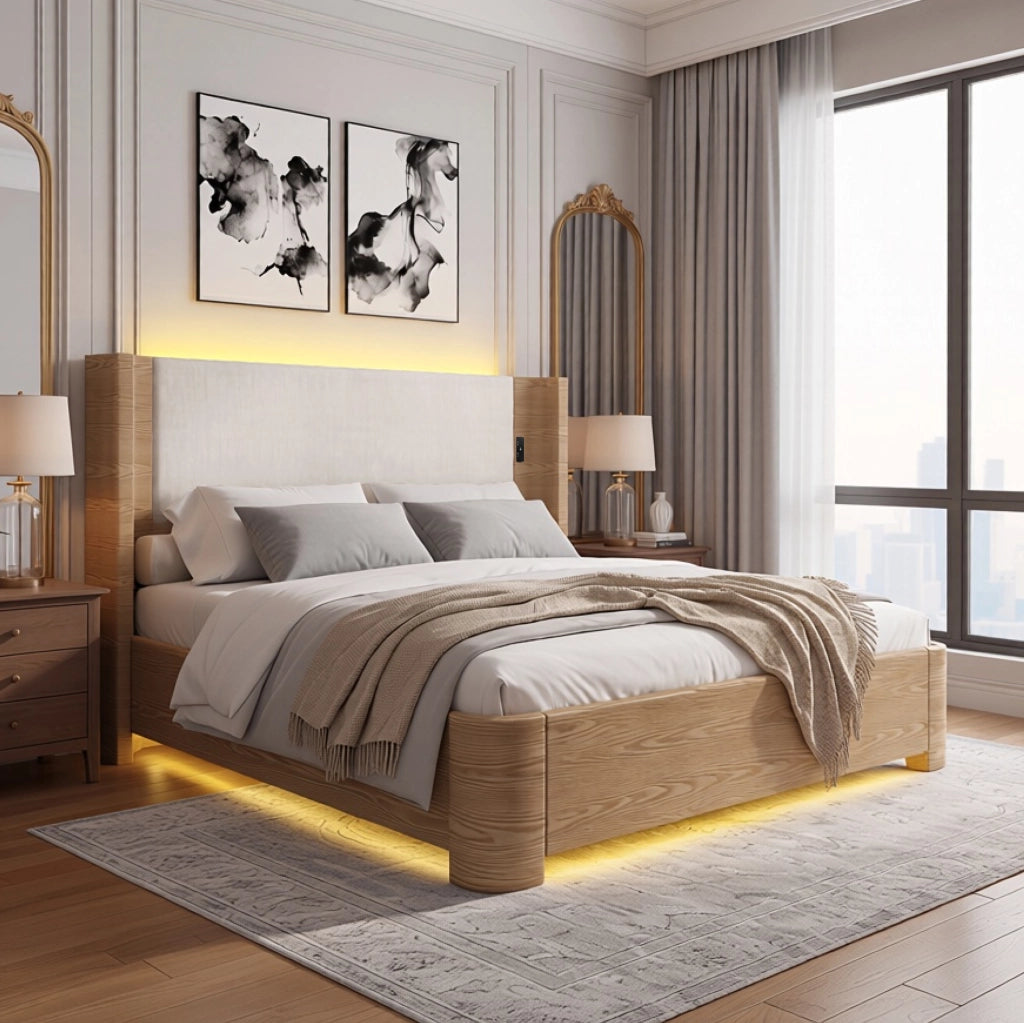 Letto beige 180 x 200 cm con sollevamento idraulico e illuminazione LED