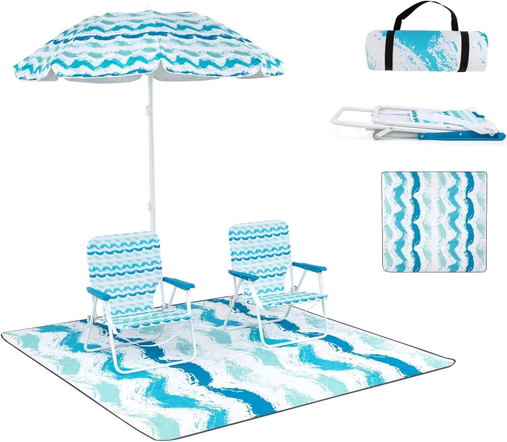 Set da spiaggia 2 faltelli 1 tappeto 1 ombrellone φ 175 cm sedia pieghevole carico 150 kg ombrellone reclinabile 30 gradi con borsa da viaggio