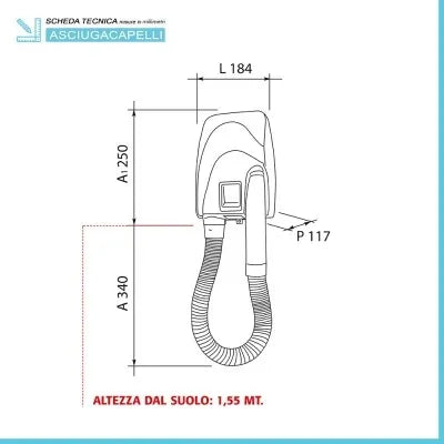 Asciugacapelli a parete con tubo flessibile presa rasoio 3 velocità
