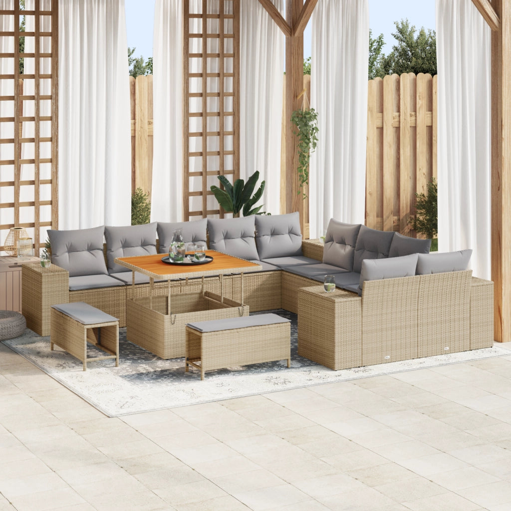 Set Divano da Giardino  13 Pezzi con Cuscini Beige Polyrattan Acacia