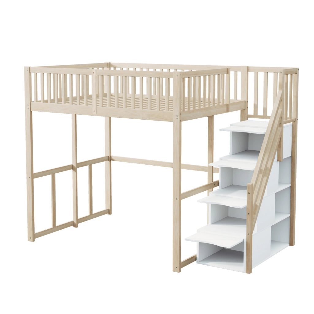 Letto a soppalco 140x200 cm in legno di pino naturale con scala contenitore e sponde di sicurezza