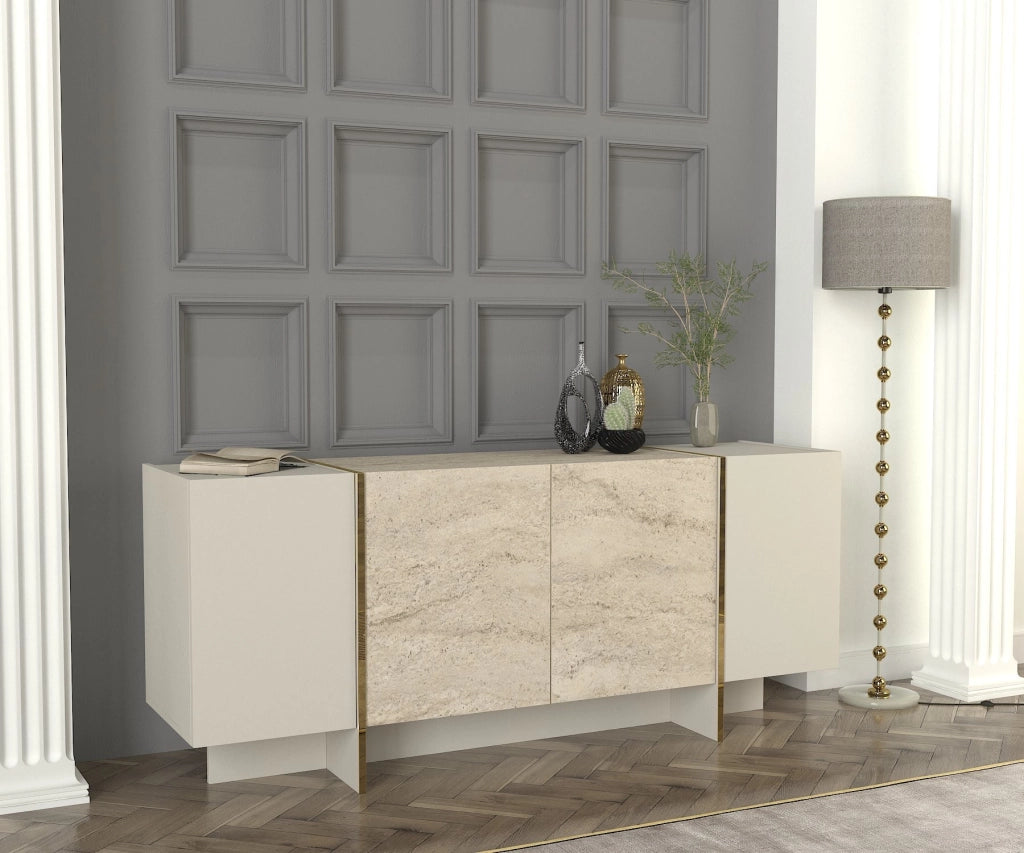 Credenza in legno "Veyron" - 180 x 46 x 75 cm - Travertino, arenaria