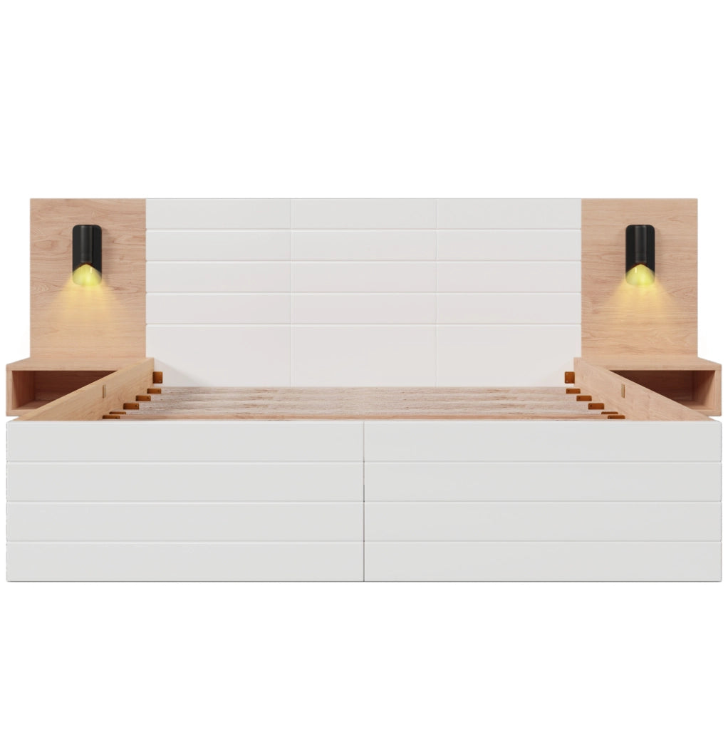 Letto matrimoniale 140x200 cm in legno e MDF bianco e quercia con lampada da lettura e USB