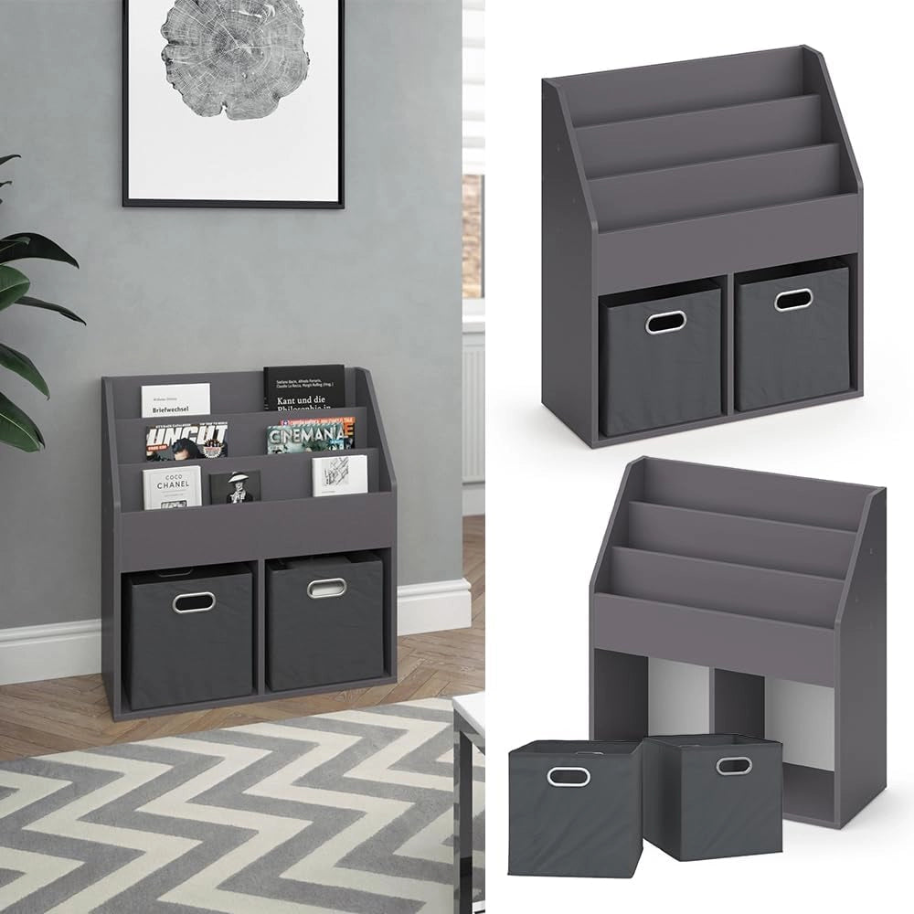 Libreria bambini Luigi, Grigio, 72 x 79 cm con 2 scatole pieghevoli opt.1, combinabile per riporre libri e giocattoli