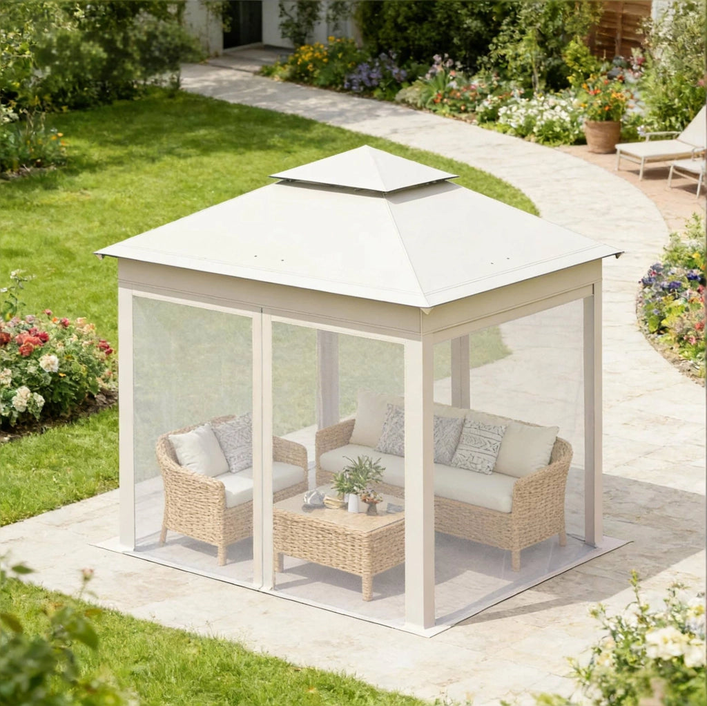 Gazebo pieghevole 3x3 m beige con zanzariere e doppio tetto