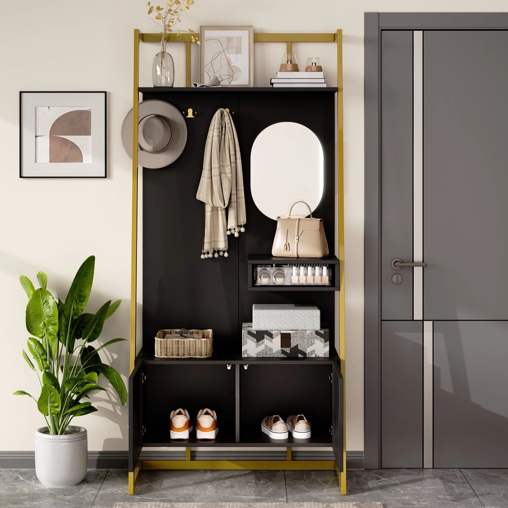 Mobile Ingresso con 2 Ante; Specchio; Ripiani e Ganci in Metallo; Stile Moderno; in MDF; 78??38;5??180;5 cm; Nero