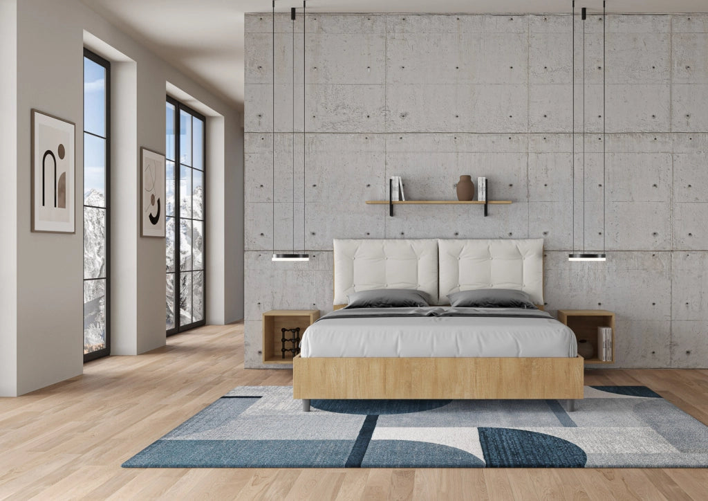 Letto Matrimoniale 160x190 cm con Rete Struttura Quercia con Cuscini in Similpelle Egos Annalisa Bianco