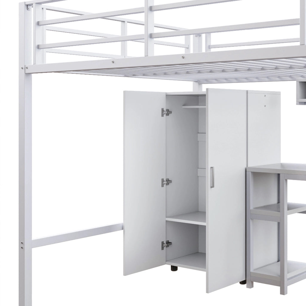 LETTO a soppalco 140x200 cm in metallo bianco con armadio, ripiani e scrivania
