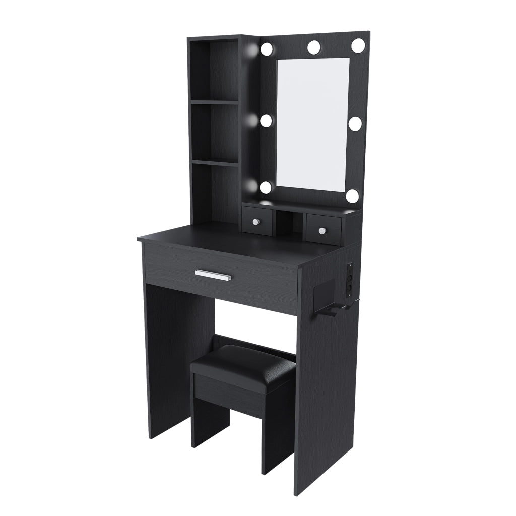 Tavolo da trucco con specchio LED regolabile, presa, porta-asciugacapelli e sgabello, nero