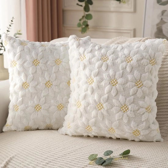 Copri cuscino - Cuscino design - Giallo Fiore di girasole Cuore Zucca Pluche Copri cuscino - 45×45cm - Decorazione rurale - Adatto per divano, decorazione estiva per casa (Bianco) - Set di 2