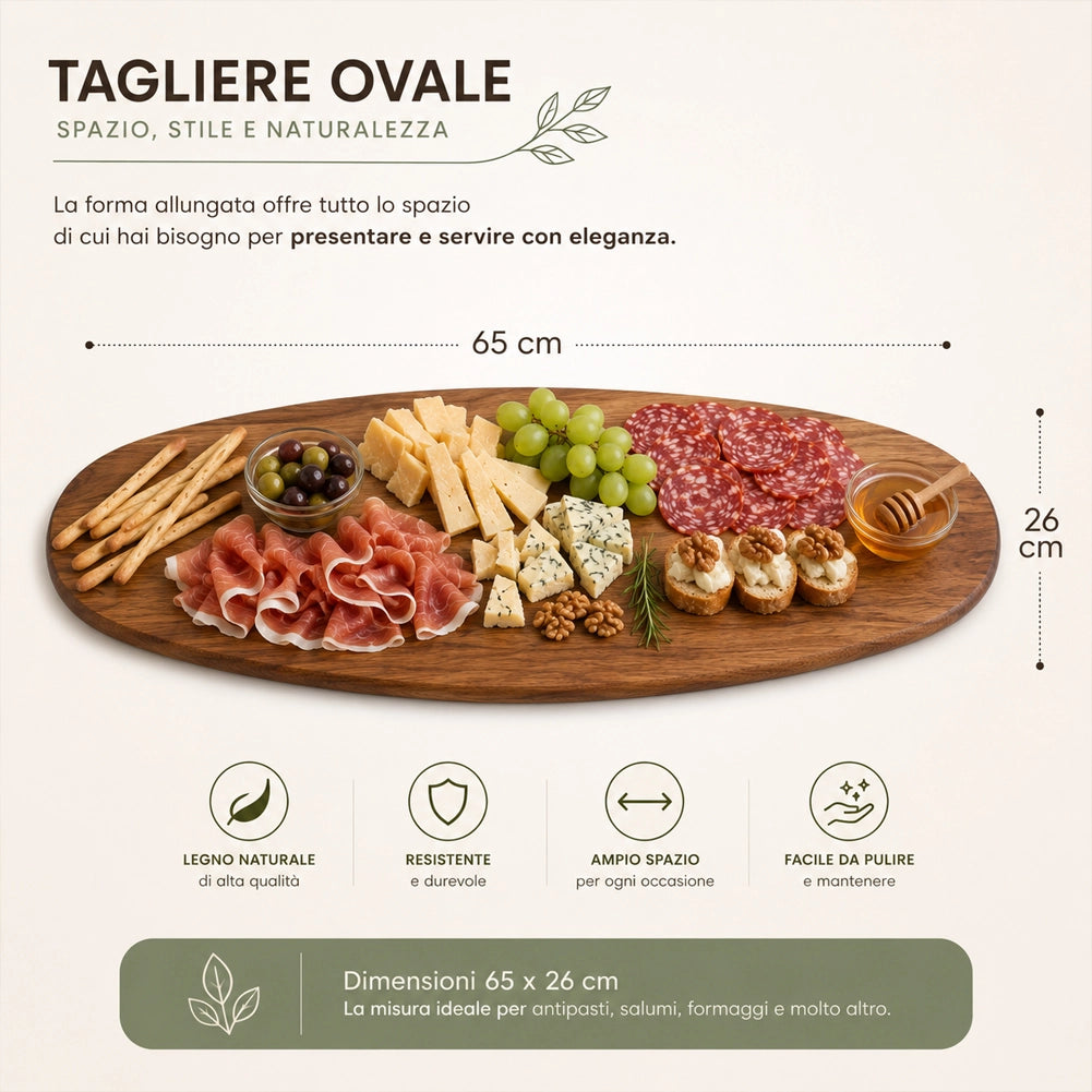 Vassoio Tagliere Ovale in Legno Portata per Aperitivi 65x26cm Accessori Tavola