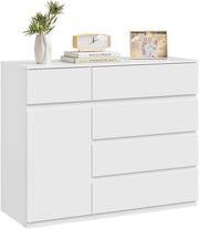 Cassettiera Camera da Letto, Mobiletto Salvaspazio con 5 Cassetti e 1 Armadietto, Ripiano Regolabile, per Soggiorno, Ingresso, 100x40x80 cm, Bianco