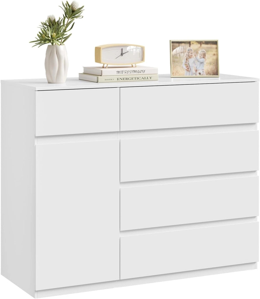 Cassettiera Camera da Letto, Mobiletto Salvaspazio con 5 Cassetti e 1 Armadietto, Ripiano Regolabile, per Soggiorno, Ingresso, 100x40x80 cm, Bianco