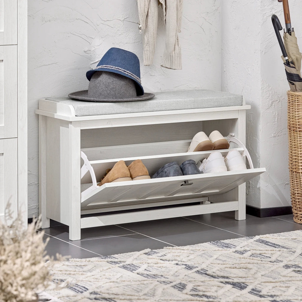 Scarpiera Con 1 Anta E 2 Ripiani Scarpiera Con Vano Portaoggetti Panca Ingresso Portascarpe Con Cuscino Bianco 80x29x50cm FSR161-W