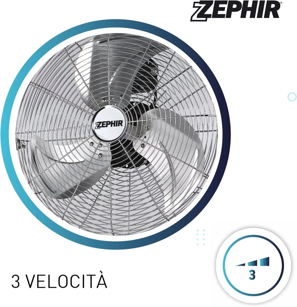Zephir Ventilatore a Piantana Cromato 50 cm con Pale, 120W, 3 Velocità, Oscillazione Automatica, Altezza Regolabile 150 cm, Silenzioso per Grandi Ambienti