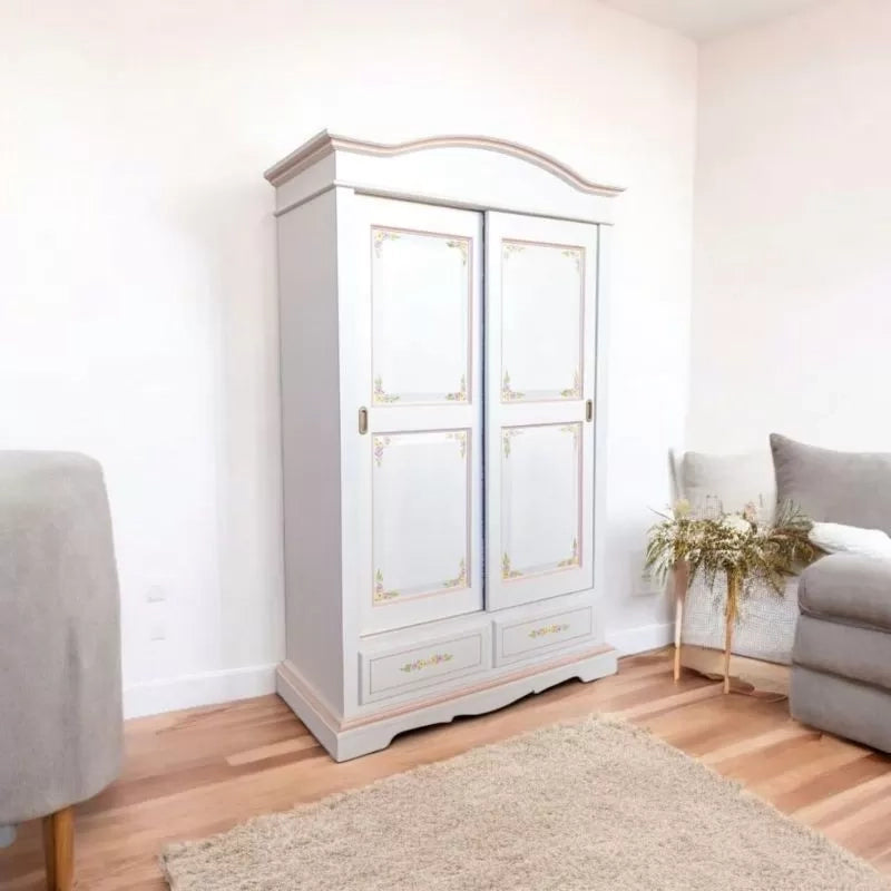 Armadio 2 ante scorrevoli legno shabby bianco decorato filo rosa 122x59x200 - Mobili 2G