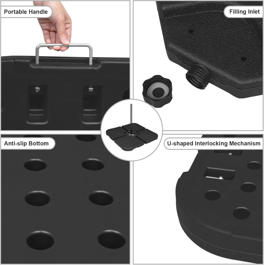 Base per Ombrellone, Supporto per Ombrellone in 4 Parti, a Croce a Terra, 60 L/80 kg, Riempibile con Acqua o Sabbia, con Connettori in Metallo, in Plastica, Quadrato, Nero
