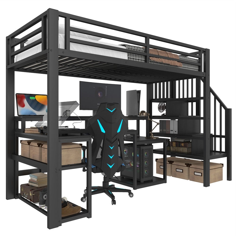 Letto a Soppalco con Scrivania e LED ¨C Xylo ¨C Nero, Metallo, 90x200 cm