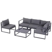 Set da Giardino da 6 Pezzi con  4 Sedie, 1 Divano ad Angolo e 1 Tavolino da Caffè, Salotto da giardino con Cuscini, Mobili da Giardino in Alluminio, Poliestere, Vetro temperato, per 4–5 persone, Grigio