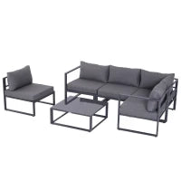 Set da Giardino da 6 Pezzi con  4 Sedie, 1 Divano ad Angolo e 1 Tavolino da Caffè, Salotto da giardino con Cuscini, Mobili da Giardino in Alluminio, Poliestere, Vetro temperato, per 4–5 persone, Grigio