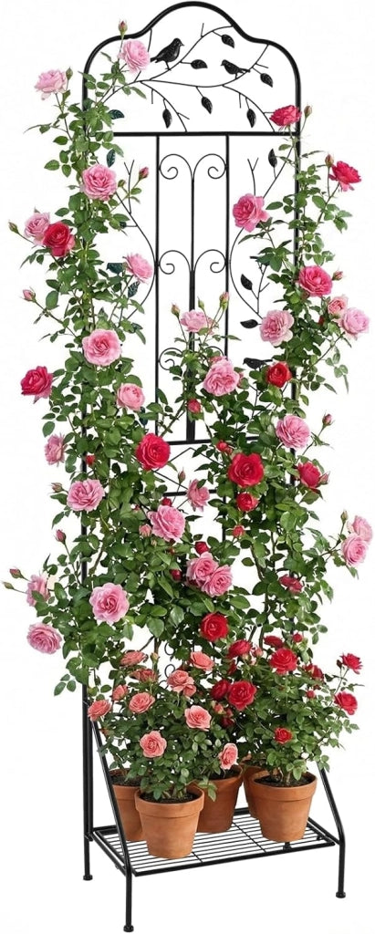 Traliccio per Rampicanti Metallo con Ripiano Pieghevole, Graticcio per Piante da Esterno, Griglia per Piante Rampicanti per Giardino, Cortile e Patio, 50 x 30 x 189,5 cm (Nero,2)
