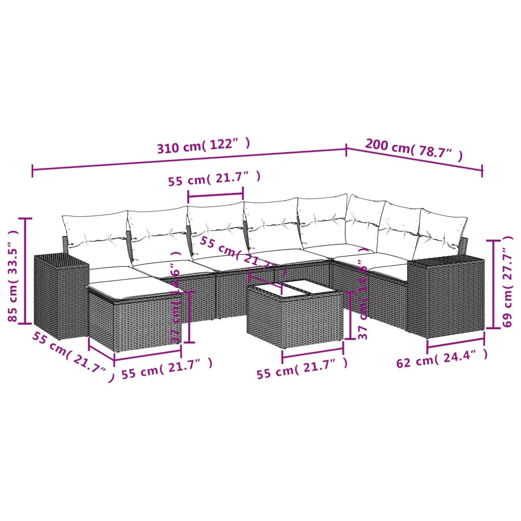 Set Divano da Giardino 9 pz con Cuscini Grigio in Polyrattan 3255307