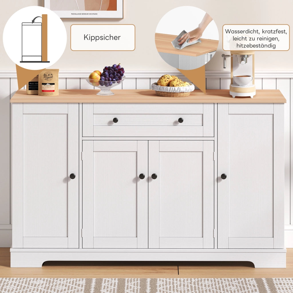 Credenza moderna da cucina 138 cm con cassetto e ante; in MDF naturale e bianco