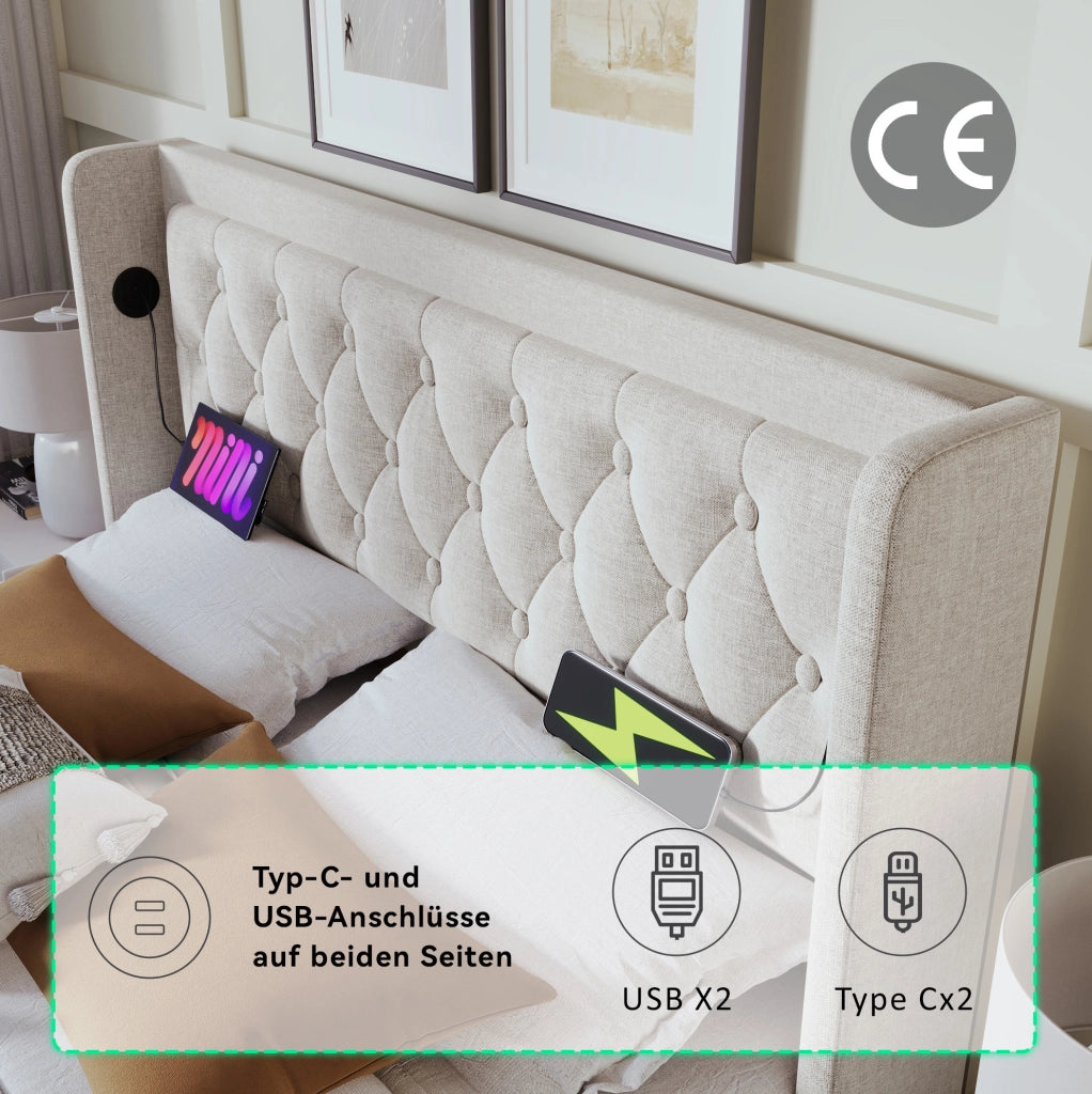 Letto matrimoniale contenitore 140x200 cm con LED; USB e USB-C; rivestimento in cotone beige con materasso