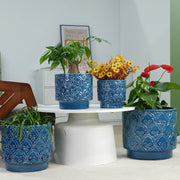 VASO in ceramica Ø 31,5 cm Blu lucido con rilievo floreale
