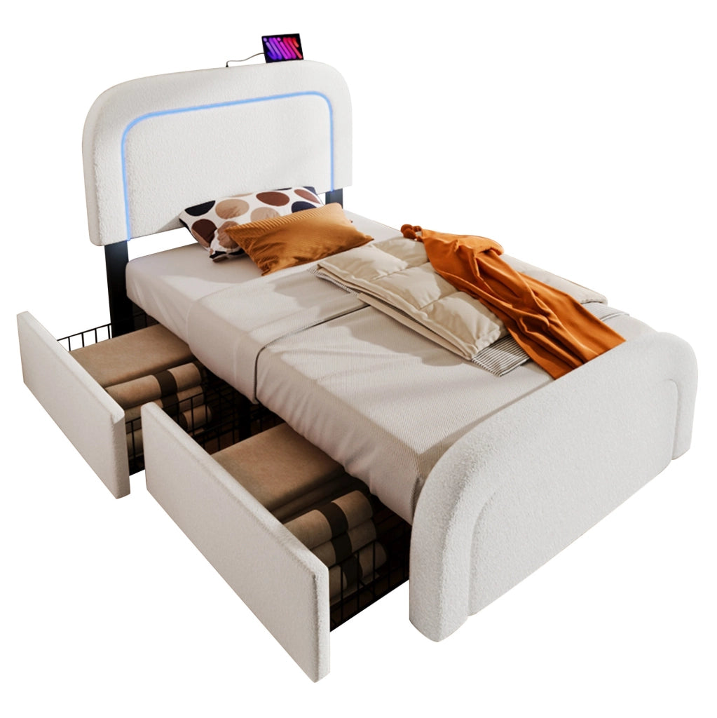 Letto imbottito 90x200 cm in Sherpa bianco con USB Type-C; LED e 2 cassetti; con materasso